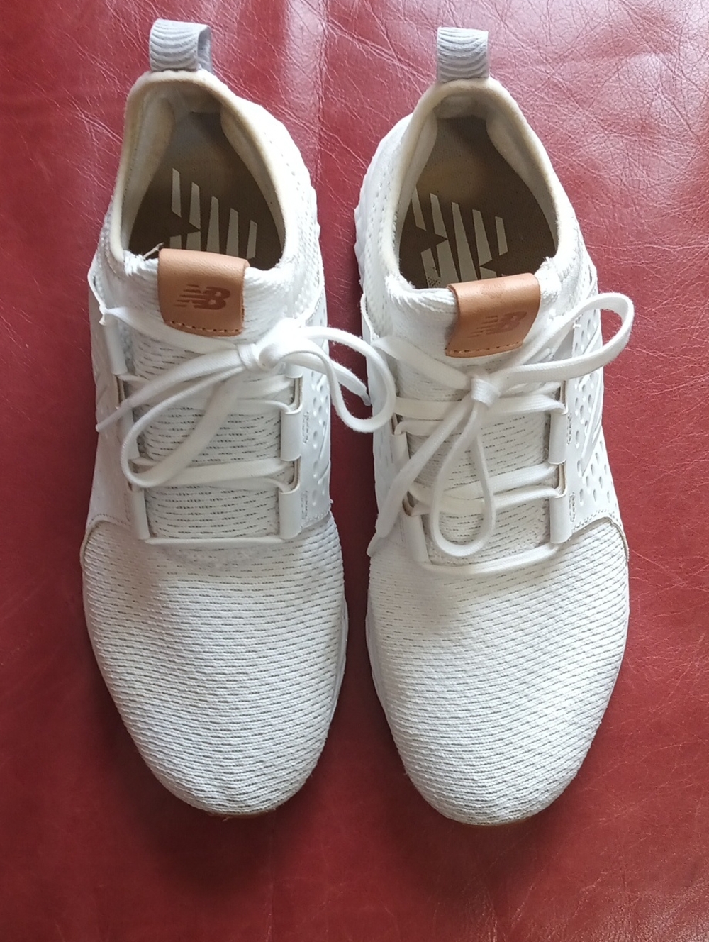New Balance Women’s White Knit Lace-Up Sneakers with Tan Accent Tab